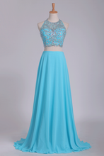 Load image into Gallery viewer, 2024 Two Pieces Halter Beaded Bodice A Line Prom Dress Chiffon