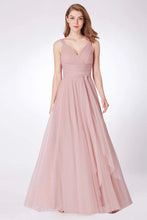 Load image into Gallery viewer, Simple A Line Pink V Neck Tulle Sleeveless Prom Dresses Long Bridesmaid Dresses SRS15383