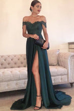 Load image into Gallery viewer, 2024 A Line Off The Shoulder Prom Dresses Stretch Satin With Applique And Slit