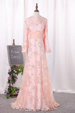 Load image into Gallery viewer, 2024 Scoop Long Bell Sleeves Prom Dresses A Line Lace With Beading