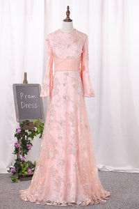 2024 Scoop Long Bell Sleeves Prom Dresses A Line Lace With Beading