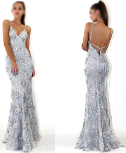 Sexy V-Neck Spaghetti Straps Grey Mermaid Sequined Backless Sleeveless Evening Dresses RS239