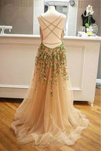 Load image into Gallery viewer, Criss Cross Back Appliqued Tulle Prom Dress With Ribbon