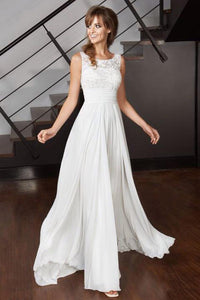 Elegant A Line Scoop Chiffon Ivory Long Appliques Beach Wedding Dresses with Lace RS971
