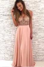Load image into Gallery viewer, Gorgeous Beaded Pink Chiffon Long V-Neck Spaghetti Straps Evening Prom Dresses RS62