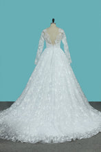 Load image into Gallery viewer, 2023 Luxurious A Line Lace Scoop Long Sleeves Wedding Dresses With Pearls Royal Train