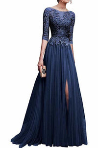 Elegant Lace Floor Length 3/4 Sleeve Tulle Waistband Evening Ball Gowns Long Dress
