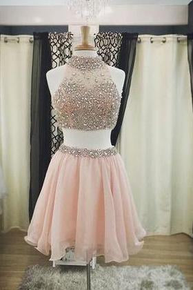 2024 Two Pieces Halter Cute Mini Blush Pink Sexy Short Homecoming Dresses CM925