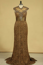 Load image into Gallery viewer, 2024 Brown High Neck Evening Dresses Column With Beading Lace Sweep Train