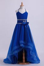 Load image into Gallery viewer, 2024 Dark Royal Blue Halter A Line High Low Flower Girl Dresses Beaded Tulle