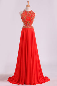 2024 Prom Dresses Scoop A Line Orange Red Chiffon With Beading Sweep Train