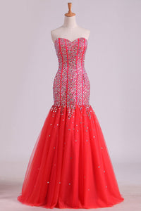 2024 Sweetheart Prom Dresses Beaded Bodice Floor Length Tulle Lace Up