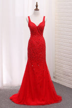 Load image into Gallery viewer, 2024 Straps Mermaid Prom Dresses Tulle With Beads And Rhinestones