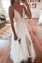 Load image into Gallery viewer, Flowy Spaghetti Straps Ivory Lace Tulle Long V-Neck Beach Wedding Dresses