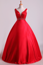 Load image into Gallery viewer, 2024 Hot Red Satin Prom Dresses Straps Floor Length Beaded Bodice A Line