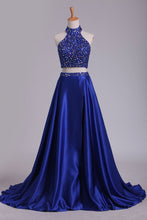 Load image into Gallery viewer, 2024 Two Pieces High Neck Prom Dresses A Line Beaded Bodice Satin Dark Royal Blue