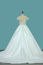 Load image into Gallery viewer, 2023 A Line Scoop Wedding Dresses Satin With Handmade Flower And Sash Chapel Train