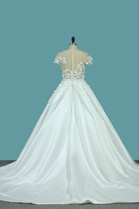 2023 A Line Scoop Wedding Dresses Satin With Handmade Flower And Sash Chapel Train