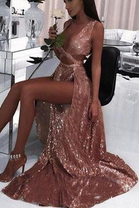 2023 Charming Sexy Sequin Sparkly Simple Rose Gold and Black Split Fashion Prom SRS10074