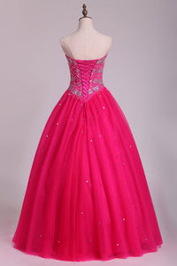 2024 Ball Gown Quinceanera Dresses Sweetheart Beaded Bodice Floor Length Tulle
