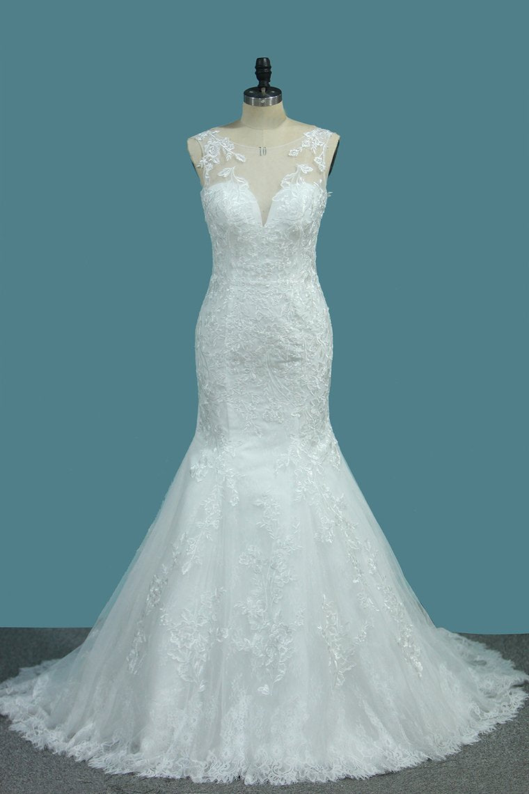2024 Scoop Wedding Dresses Mermaid With Applique Lace Open Back