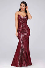 Load image into Gallery viewer, Sexy Spaghetti Straps Burgundy Sequins V Neck Party Dresses Mermaid Prom Dresses SRS15358