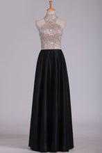 Load image into Gallery viewer, 2024 Prom Dresses High Neck Beaded Bodice Satin A Line Floor Length