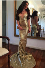 Load image into Gallery viewer, Sexy Spaghetti Straps OPen Back Sparkly Long Gold Prom Dresses