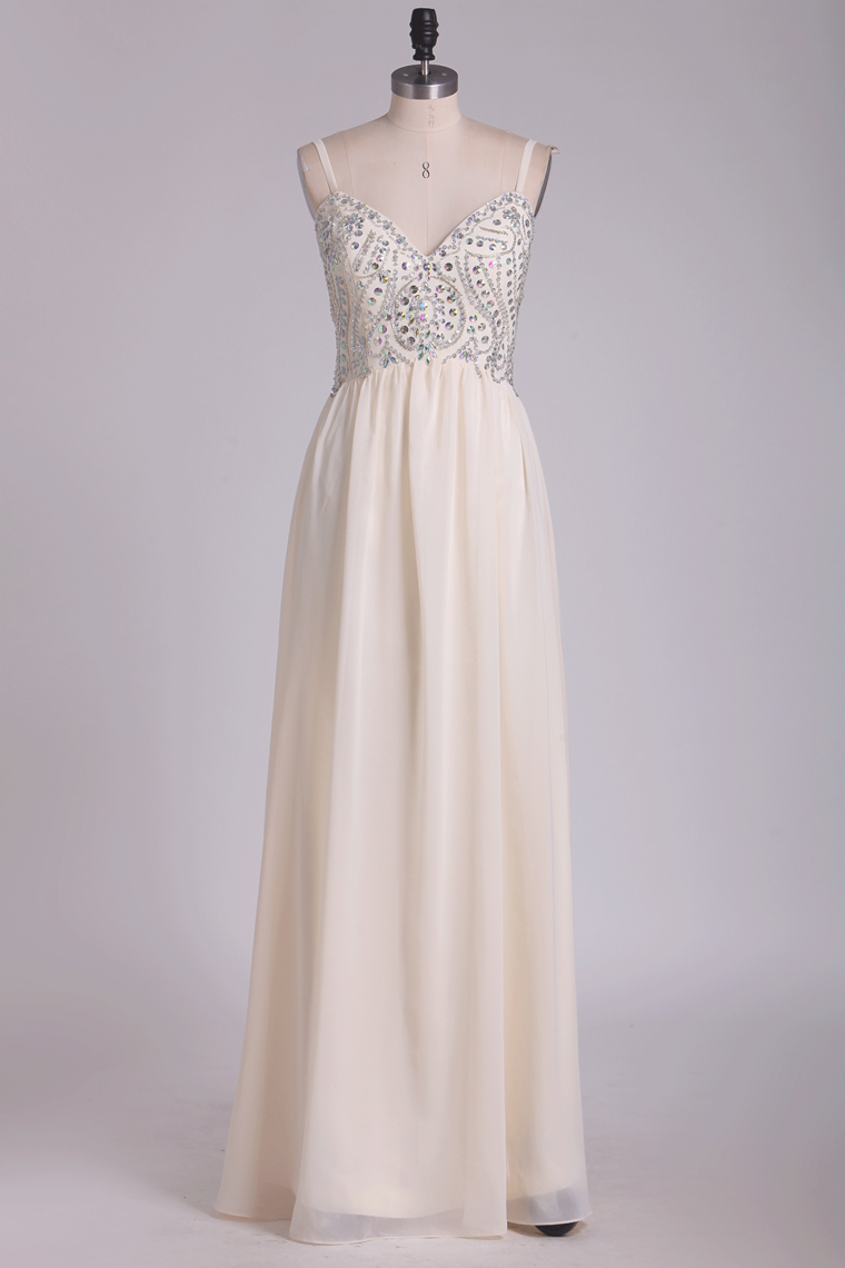 2024 A Line Spaghetti Straps Chiffon With Beading Floor Length Prom Dresses