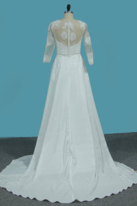 2024 V Neck 3/4 Length Sleeves Chiffon Wedding Dresses With Applique A Line