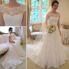 Load image into Gallery viewer, Long A-Line Round Neck Illusion White Lace Wedding Party Dresses WD0044