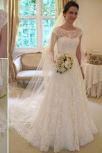 Load image into Gallery viewer, Long A-Line Round Neck Illusion White Lace Wedding Party Dresses WD0044