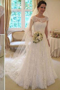 Long A-Line Round Neck Illusion White Lace Wedding Party Dresses WD0044