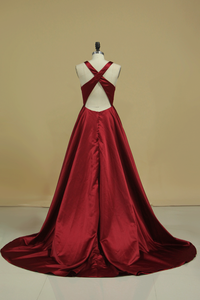 2024 Red V Neck Evening Dresses A Line Sweep Train With Slit & Ruffles