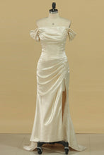 Load image into Gallery viewer, 2024 Off The Shoulder Elastic Satin With Slit Sweep Train Sheath Evening Dresses