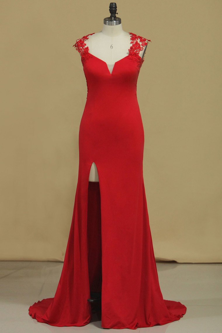 2024 Red Straps Open Back Sheath Prom Dresses Spandex With Applique Open Back