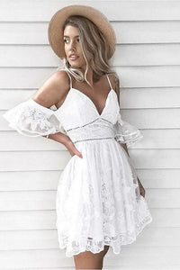A-Line Spaghetti Straps Short White Lace Homecoming Dress