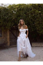 Load image into Gallery viewer, Simple A-Line Off The Shoulder White Beach Wedding Dresses