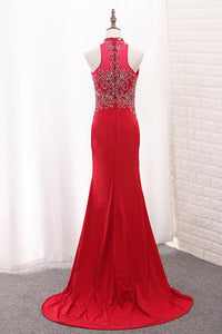 2024 High Neck Spandex Prom Dresses Mermaid With Beading Sweep Train