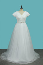 Load image into Gallery viewer, 2023 Short Sleeves V Neck Wedding Dresses Tulle &amp; Lace With Beading