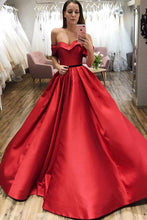 Load image into Gallery viewer, Red Ball Gown Off the Shoulder V Neck Satin Prom Dresses, Evening SRS15660