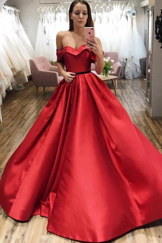 Red Ball Gown Off the Shoulder V Neck Satin Prom Dresses, Evening SRS15660