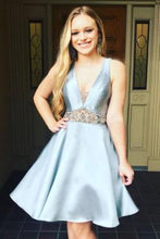 Load image into Gallery viewer, A-Line V-Neck Light Sky Blue Satin Homecoming Dress With Beading
