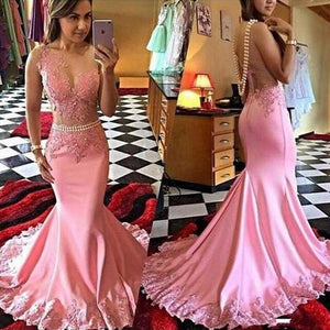 Pink Lace Mermaid Long See Through Sleeveless Beads V-Neck Cheap Party Prom SRS13188