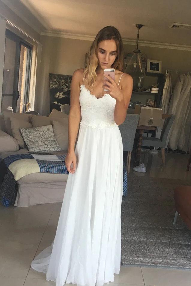 Elegant A Line Spaghetti Straps V Neck Top Lace Wedding Dresses, Bridal SRS20461