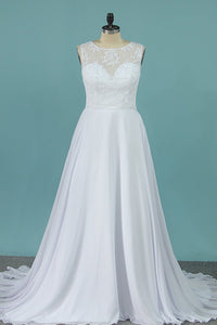 2023 A Line Scoop Chiffon Wedding Dresses With Applique Sweep Train