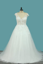 Load image into Gallery viewer, 2023 A Line Tulle Cap Sleeve Scoop Wedding Dresses With Applique Court Train