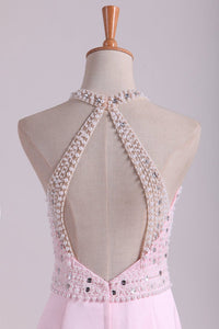 2024 Halter Floor Length Mermaid Prom Dresses Open Back Satin With Beads & Rhinestones
