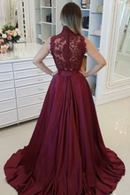 Load image into Gallery viewer, 2024 High Neck Prom Dresses A Line Satin Appliques With Beads Sweep Train