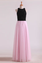 Load image into Gallery viewer, 2024 Bicolor Prom Dresses A-Line Scoop Floor-Length Tulle Black Bodice Zipper Back